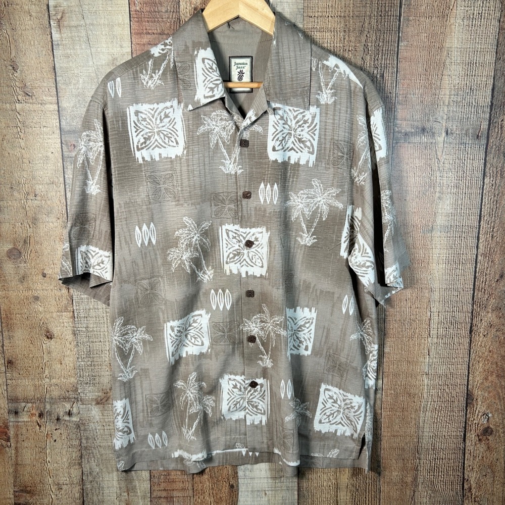 Jamaica Jaxx Tan Brown 100% Silk Tropical Palm Tribal Camp Aloha Shirt Mens M